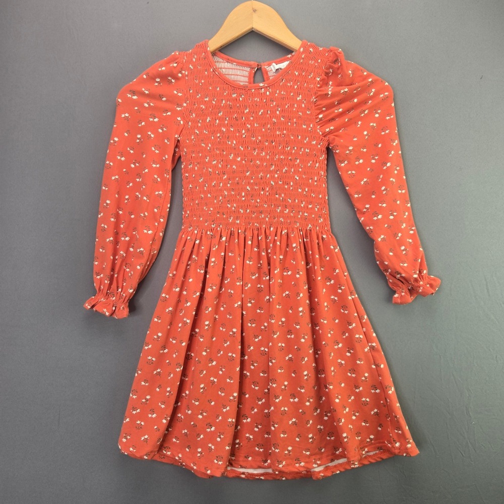 btween Girls Floral Smocked Dress Size 7 Orange Long Sleeve Ruffle Boho Casual